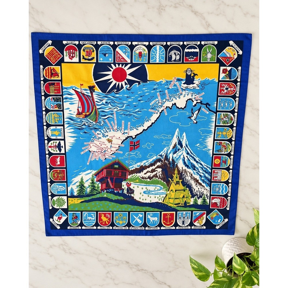 Vintage 1950s Norway Map Souvenir Scarf 26x26 Heraldic Crests Fjord Print Bold